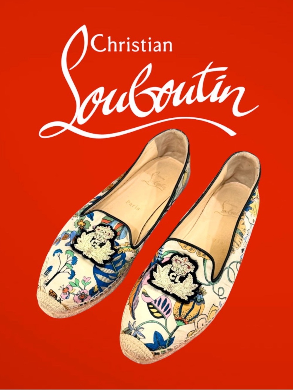 Christian Louboutin Floral Crest Silk Espadrille Slip-On Loafers EU 39 - Custom